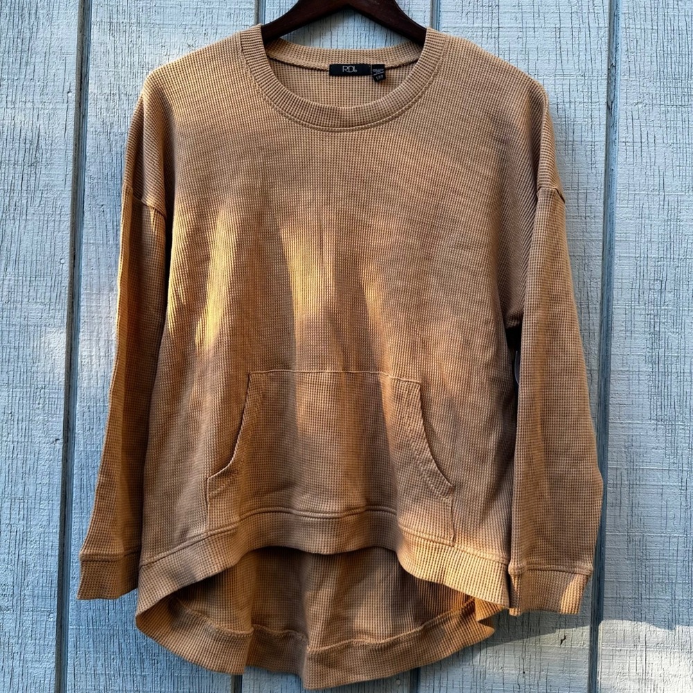 RDI Waffle Knit Long Sleeve Pullover Top Casual Pocket Tan Small Basic Layering